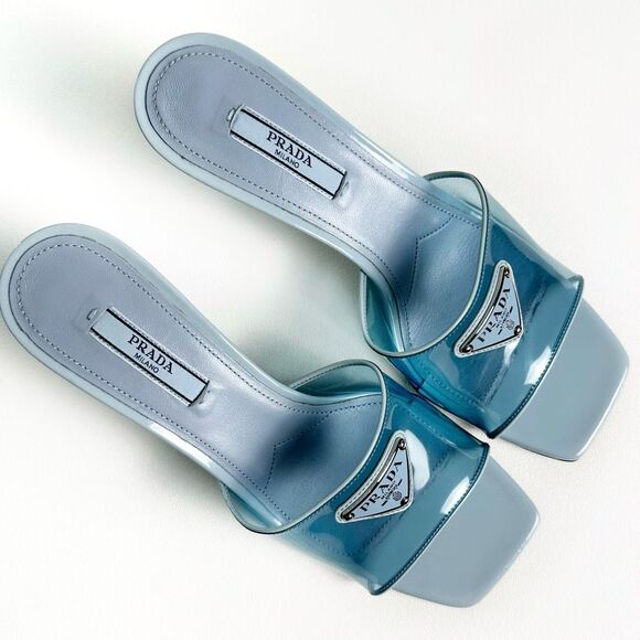PRADA Blue Ciabatte Triangle Logo Slide Sandal Heels Size 37 Mule Clear PVC - Picture 5 of 13